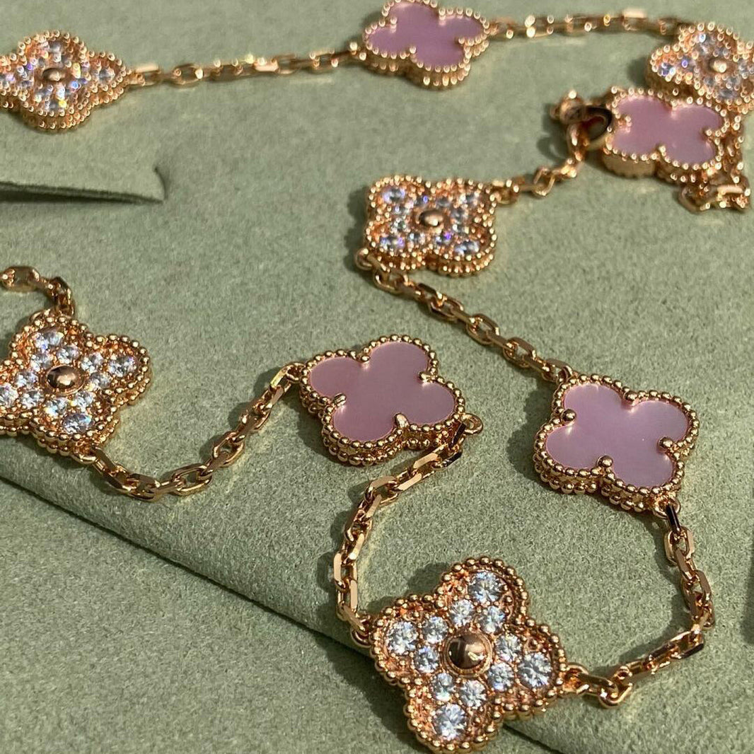 [Amore Jewels]CLOVER 10 MOTIFS DIAMOND PINK MOP NECKLACE