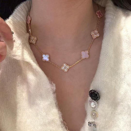 [Amore Jewels]CLOVER 10 MOTIFS DIAMOND PINK MOP NECKLACE