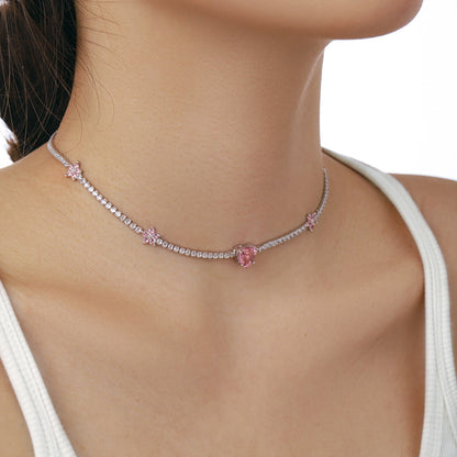 [Amore Jewels]Dazzling Pink Heart Flower Necklace