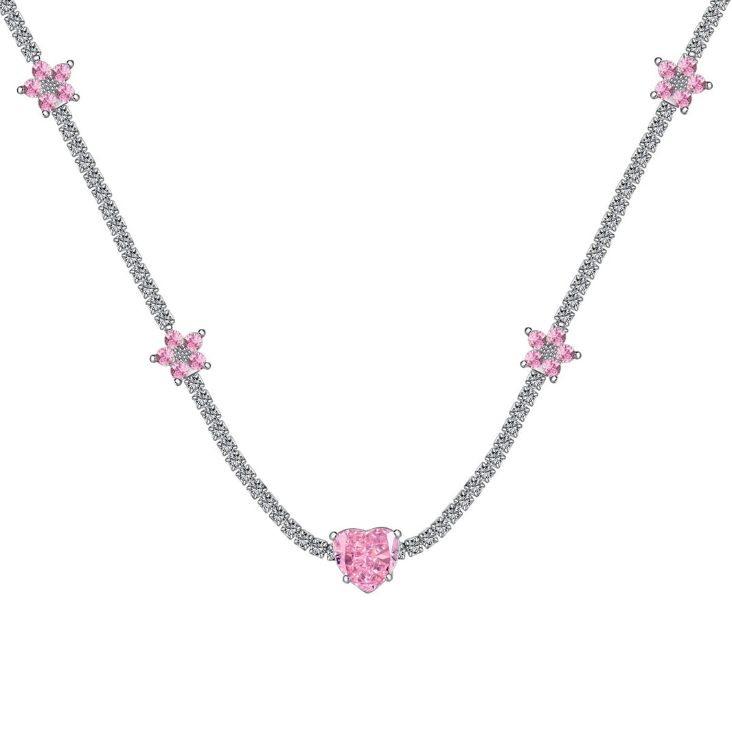 [Amore Jewels]Dazzling Pink Heart Flower Necklace