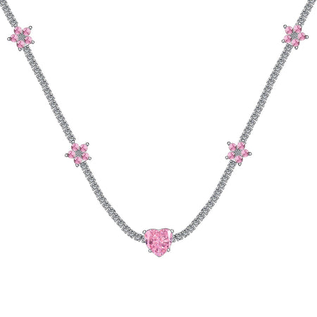 [Amore Jewels]Dazzling Pink Heart Flower Necklace