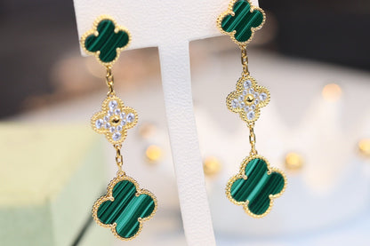 [Amore Jewels]CLOVER EARRINGS GOLD MALACHITE DIAMOND 3 MOTIF
