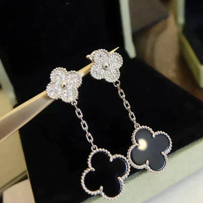 [Amore Jewels]CLOVER 2 MOTIFS  DIAMOND ONYX EARRINGS SILVER