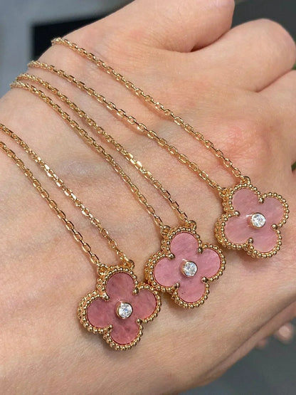 [Amore Jewels]CLOVER 15MM DIAMOND RHODONITE NECKLACE