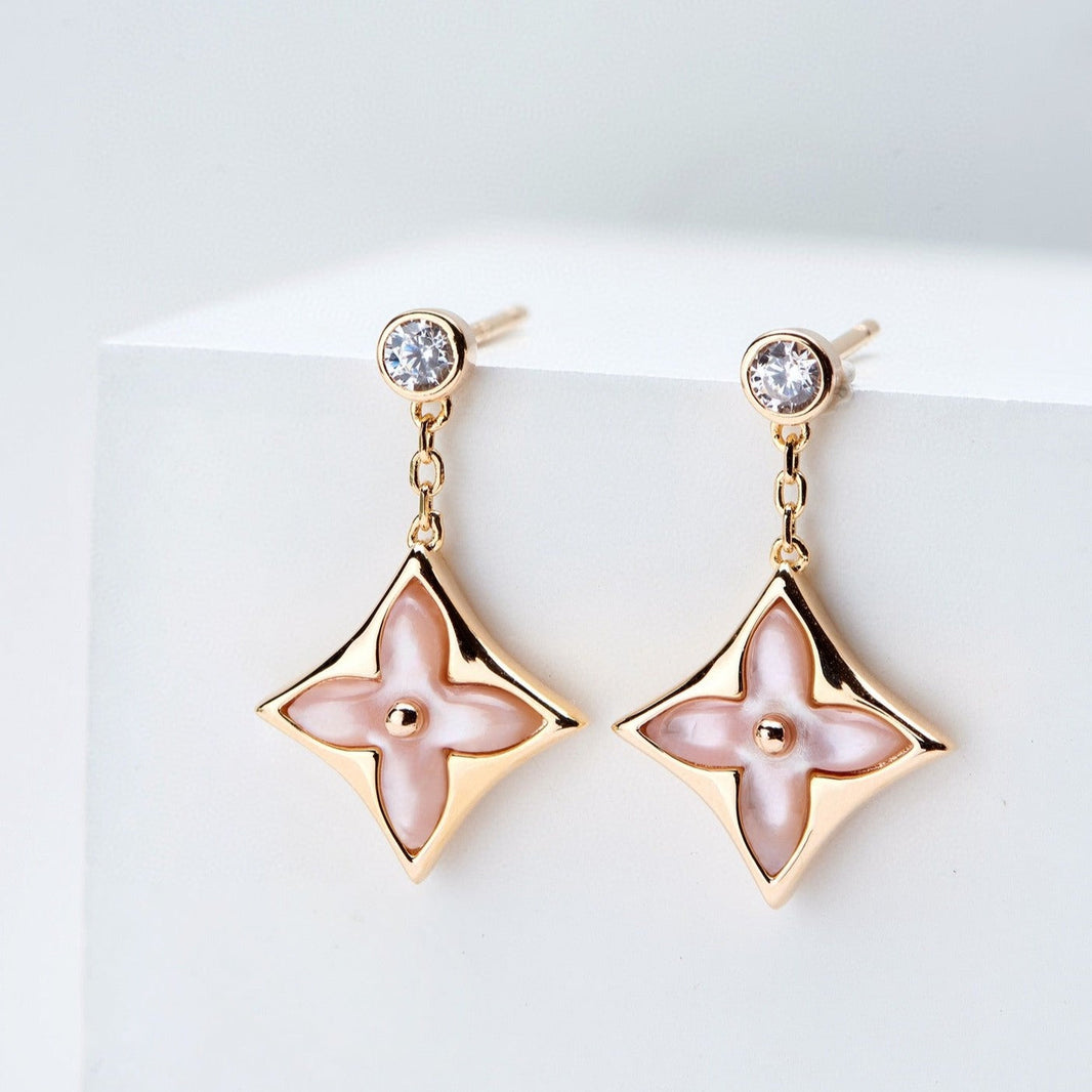 [Amore Jewels]DOUBLE STAR PINK GOLD MOP DROP EARRINGS