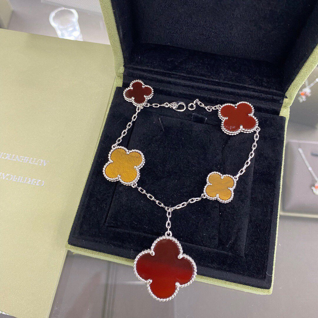 [Amore Jewels]CLOVER 5 MOTIFS SIVLER CARNELIAN TIGER EYE BRACELET