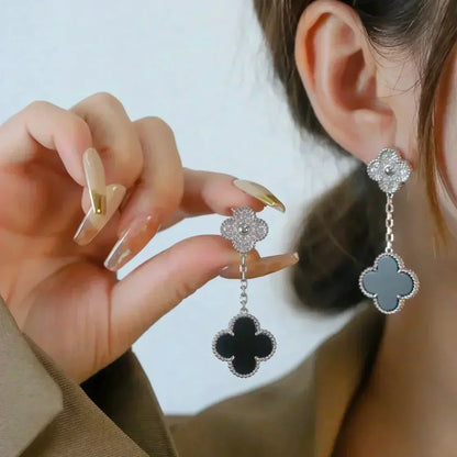 [Amore Jewels]CLOVER 2 MOTIFS  DIAMOND ONYX EARRINGS SILVER