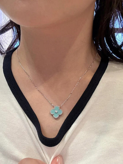 [Amore Jewels]CLOVER 1 DIAMOND LIGHT BLUE SILVER NECKLACE