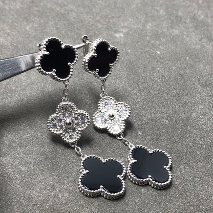 [Amore Jewels]CLOVER 3 MOTIF DIAMOND ONYX SILVER EARRINGS