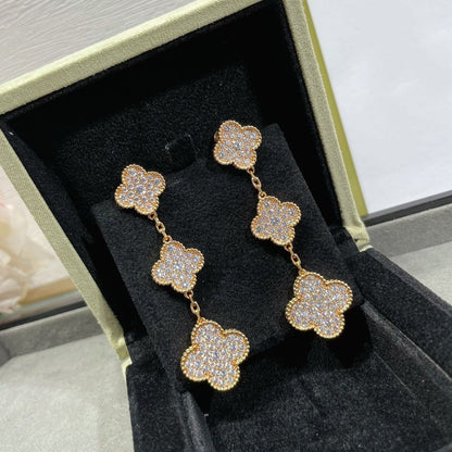 [Amore Jewels]CLOVER 3 MOTIFS DIAMOND PAVED ROSE GOLD EARRINGS