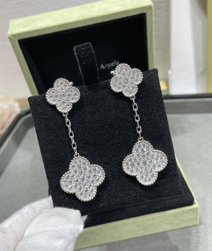 [Amore Jewels]CLOVER 2 MOTIFS DIAMOND PAVED SILVER EARRINGS