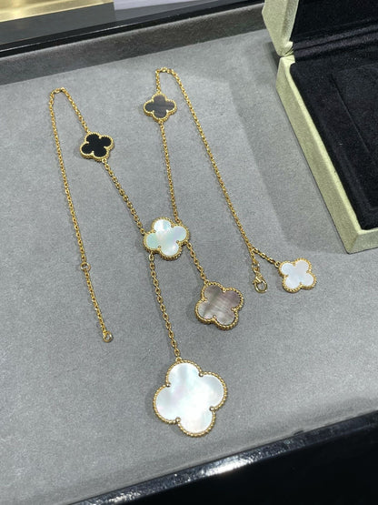 [Amore Jewels]CLOVER 6 MOTIF MOP ONYX GOLD NECKLACE