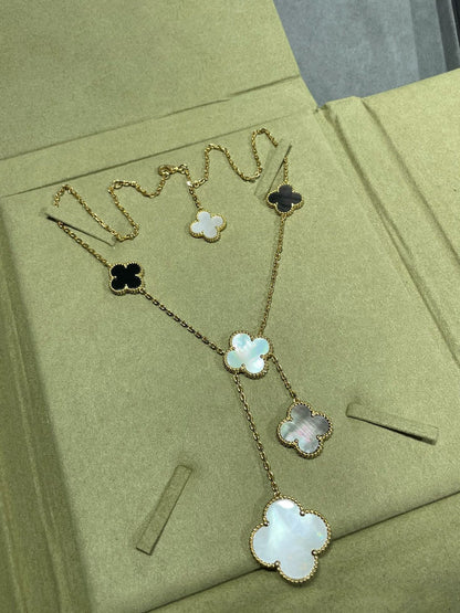 [Amore Jewels]CLOVER 6 MOTIF MOP ONYX GOLD NECKLACE