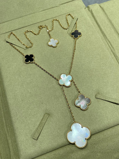 [Amore Jewels]CLOVER 6 MOTIF MOP ONYX GOLD NECKLACE