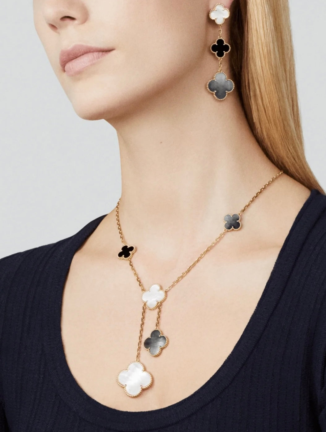 [Amore Jewels]CLOVER 3 MOTIF MOP ONYX DARK MOP PINK GOLD EARRINGS