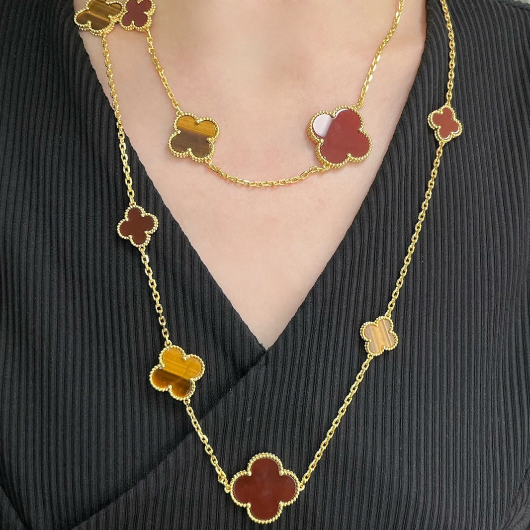 [Amore Jewels]CLOVER 16 MOTIF CARNELIAN TIGER EYE ROSE GOLD NECKLACE