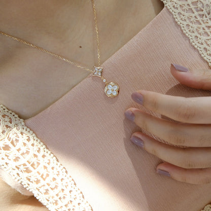 [Amore Jewels]STAR AND SUN WHITE MOP 2 MOTIF PINK GOLD NECKLACE