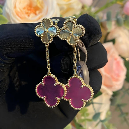 [Amore Jewels]NEW CLOVER 2 MOTIF PINK ENAMEL EARRINGS