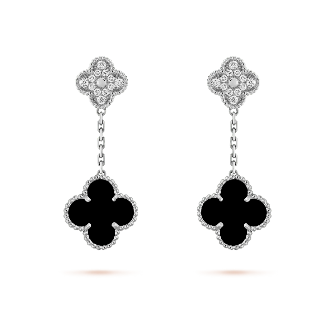 [Amore Jewels]CLOVER 2 MOTIFS  DIAMOND ONYX EARRINGS SILVER