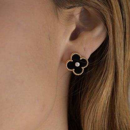 [Amore Jewels]CLOVER MEDIUM 1 MOTIFS ONYX DIAMOND EARRINGS