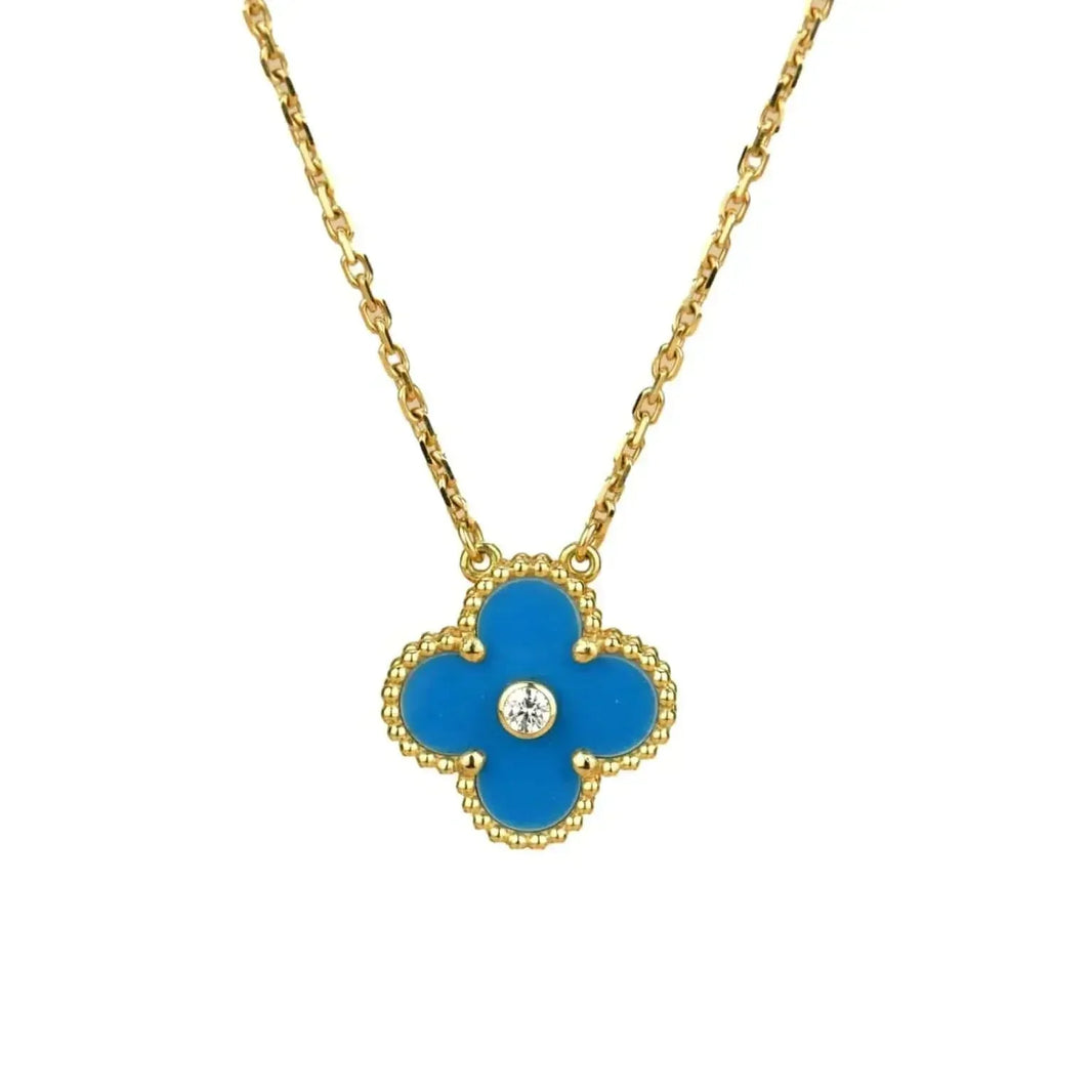 [Amore Jewels]CLOVER 15MM DIAMOND AND BLUE AGATE NECKLACE