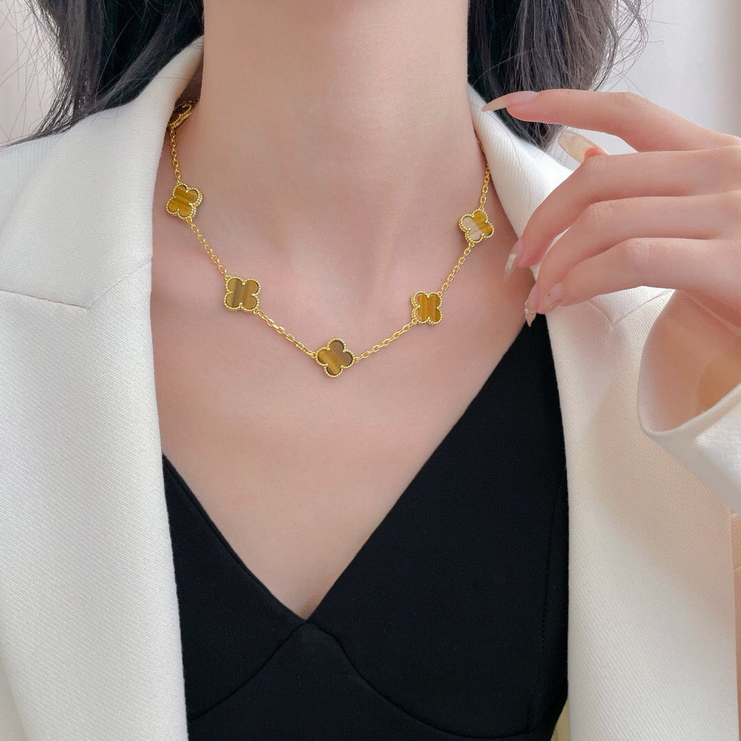 [Amore Jewels]CLOVER 10 MOTIFS TIGER EYE NECKLACE
