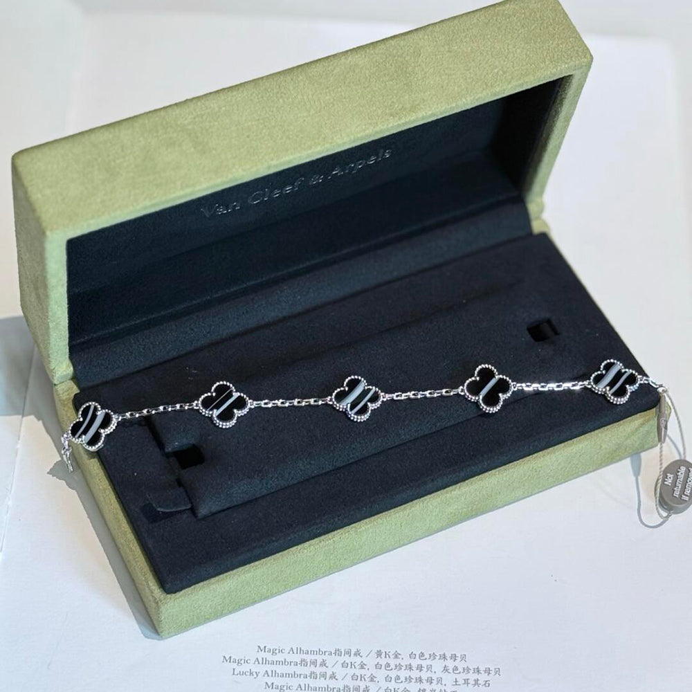 [Amore Jewels]CLOVER 5 MOTIF VEINED ONYX BRACELET SILVER