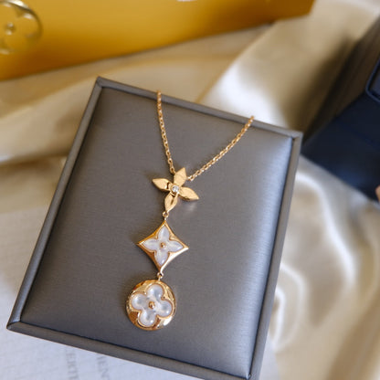 [Amore Jewels]COLOR BLOSSOM LARIAT NECKLACE PINK GOLD WHITE MOTHER PEARL AND DIAMOND