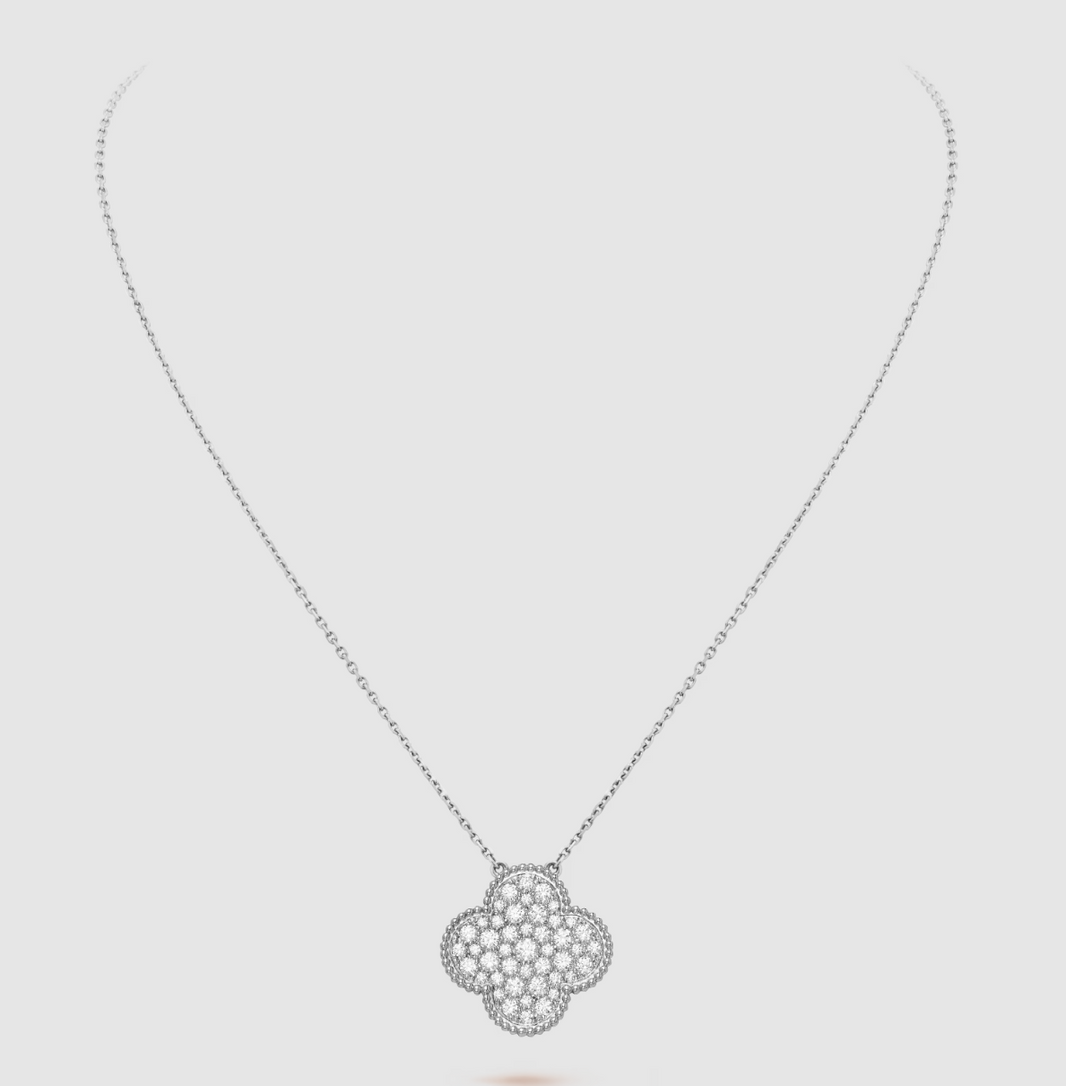 [Amore Jewels]CLOVER 25MM LARGE PENDANT DIAMOND PAVED SILVER NECKLACE