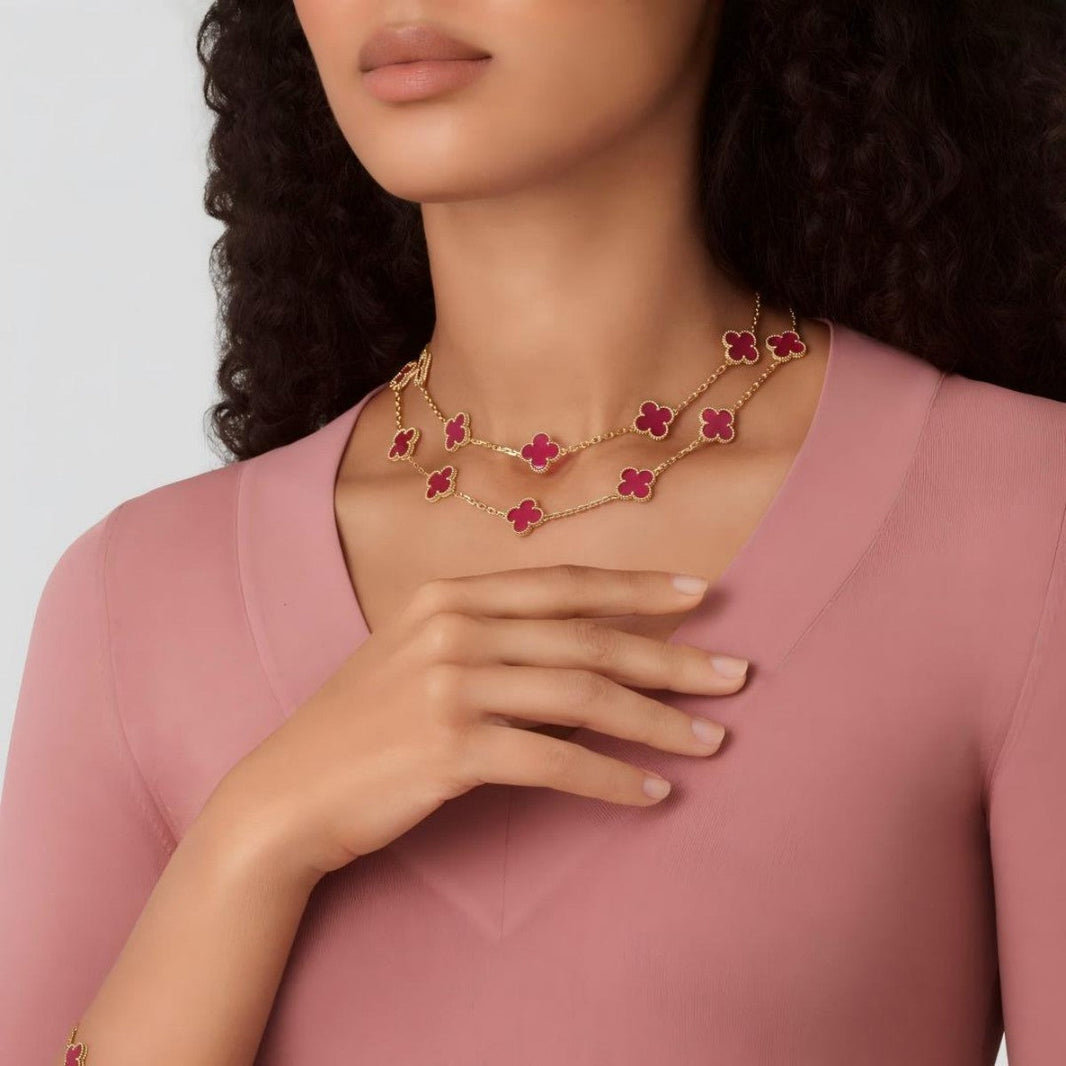 [Amore Jewels] NEW CLOVER 20 MOTIFS PINK ENAMEL NECKLACE