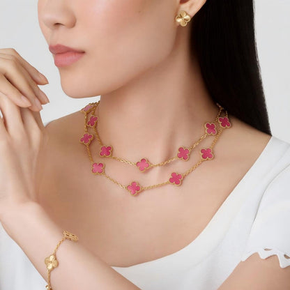 [Amore Jewels] NEW CLOVER 20 MOTIFS PINK ENAMEL NECKLACE