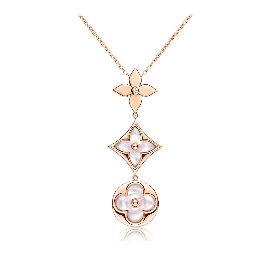 [Amore Jewels]COLOR BLOSSOM LARIAT NECKLACE PINK GOLD WHITE MOTHER PEARL AND DIAMOND