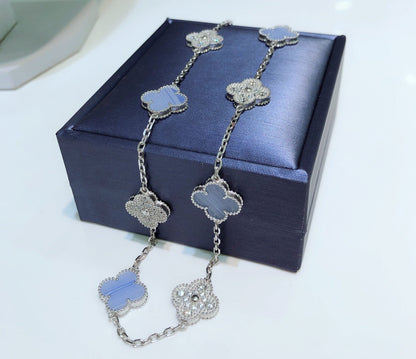 [Amore Jewels]CLOVER 10 MOTIFS CHALCEDONY DIAMONDS SILVER NECKLACE