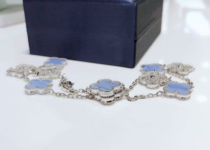 [Amore Jewels]CLOVER 10 MOTIFS CHALCEDONY DIAMONDS SILVER NECKLACE