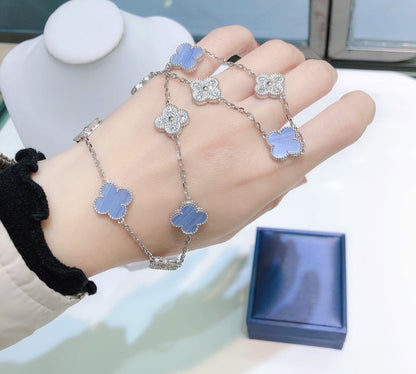 [Amore Jewels]CLOVER 10 MOTIFS CHALCEDONY DIAMONDS SILVER NECKLACE